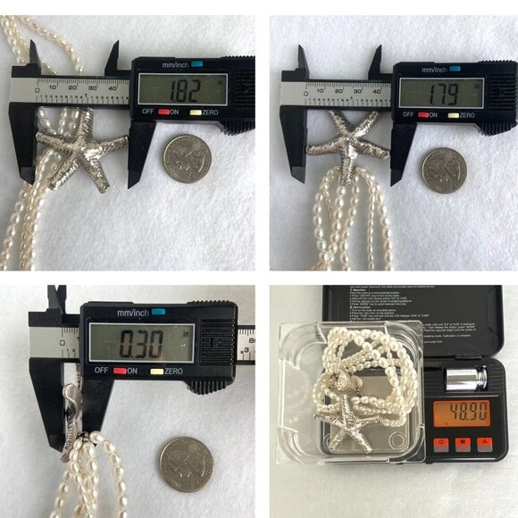 Sterling Silver 925 Layered Triple Strand Freshwater Pearl Starfish Necklace - Picture 11 of 16